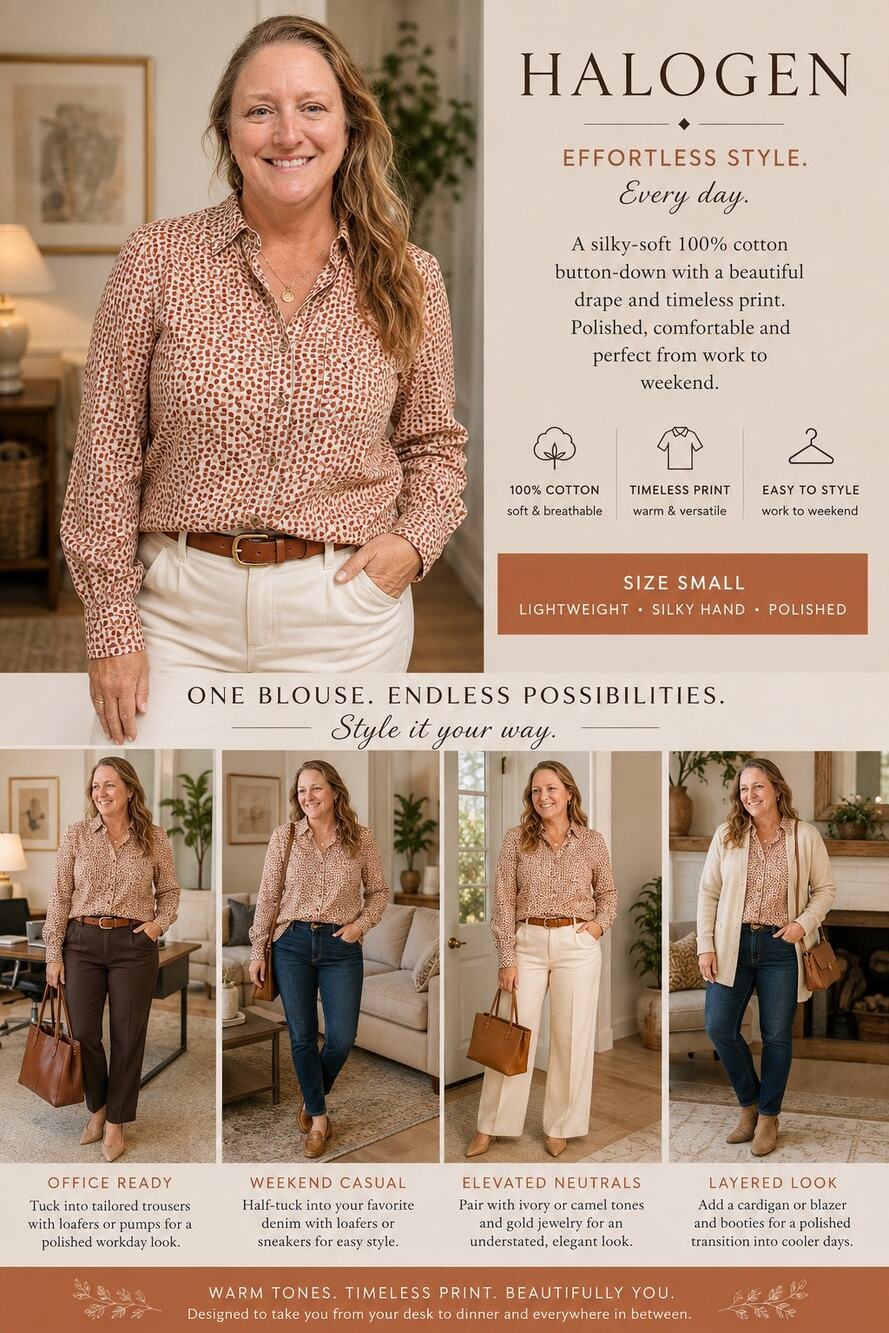 Halogen Womens S Cotton Blouse Geometric Print Button Down Silky Workwear Shirt